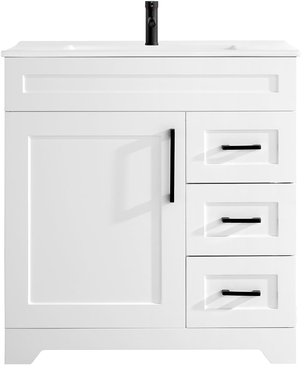 30' White Bathroom Vanity with Integrated Sink Top | Plywood Construction, Soft-Close Doors &Drawers
