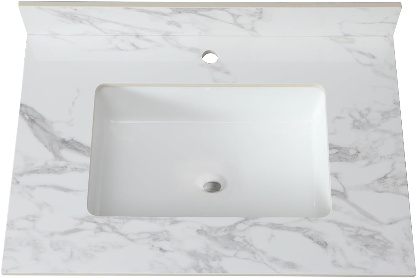 Montary 31'x 22' Bathroom Vanity Top with Undermounted Large Ceramic Sink & Backsplash, Sintered Stone Artificial Marble Vanity Sink Tops with 1 Pre-Drilled Hole, Carrara White