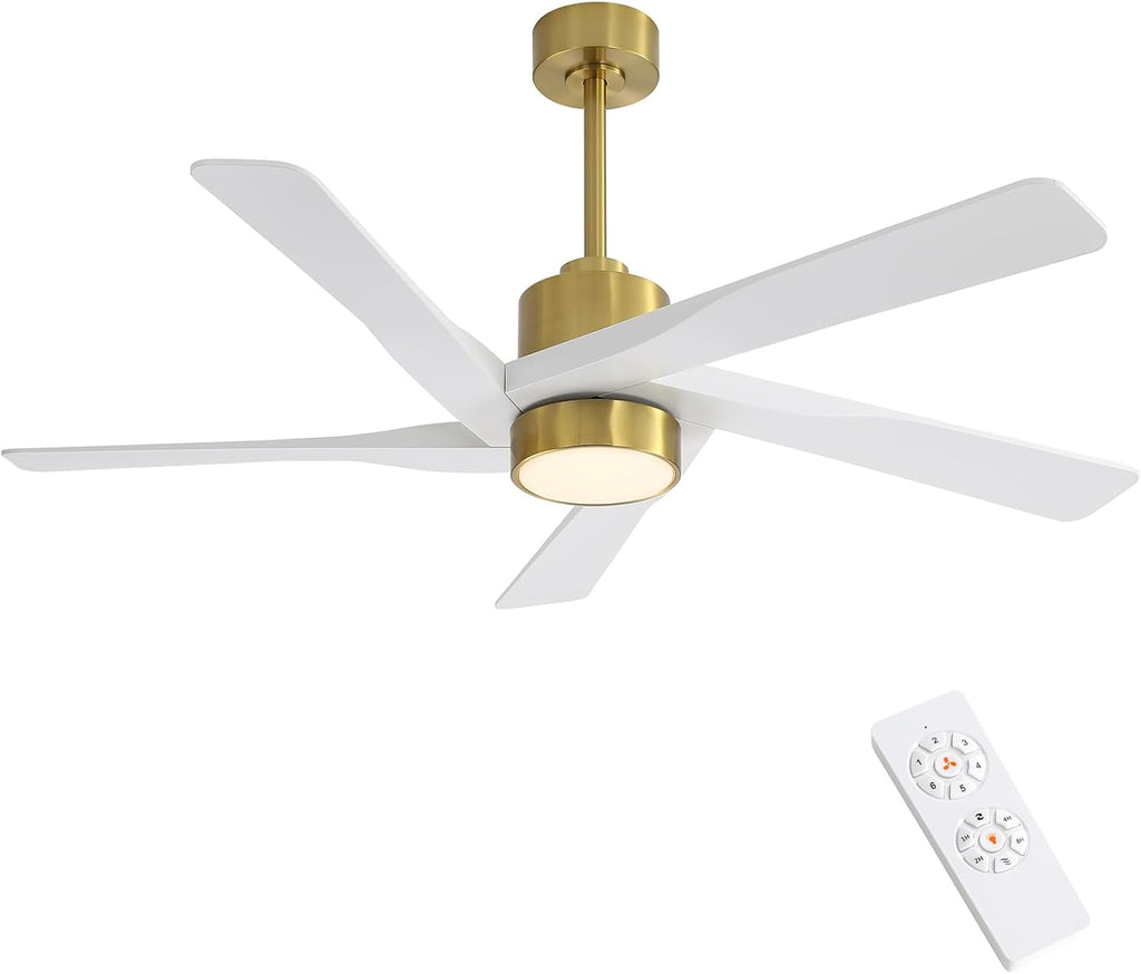 WINGBO 54' ABS DC Ceiling Fan with Lights, 5 Blade ABS Plastic Ceiling Fan with Remote, 6-Speed Reversible DC Motor, LED Ceiling Fans for Kitchen Bedroom Living Room, Brass and White
