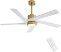 WINGBO 54' ABS DC Ceiling Fan with Lights, 5 Blade ABS Plastic Ceiling Fan with Remote, 6-Speed Reversible DC Motor, LED Ceiling Fans for Kitchen Bedroom Living Room, Brass and White