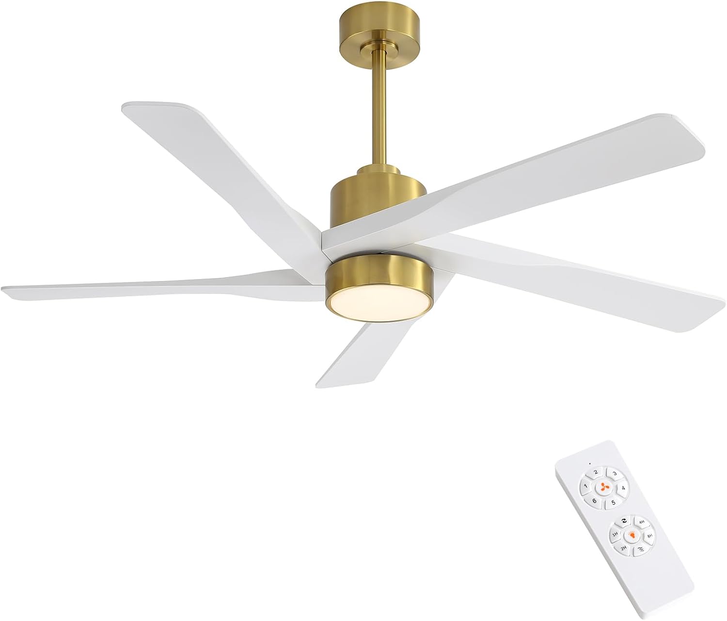 WINGBO 54' ABS DC Ceiling Fan with Lights, 5 Blade ABS Plastic Ceiling Fan with Remote, 6-Speed Reversible DC Motor, LED Ceiling Fans for Kitchen Bedroom Living Room, Brass and White