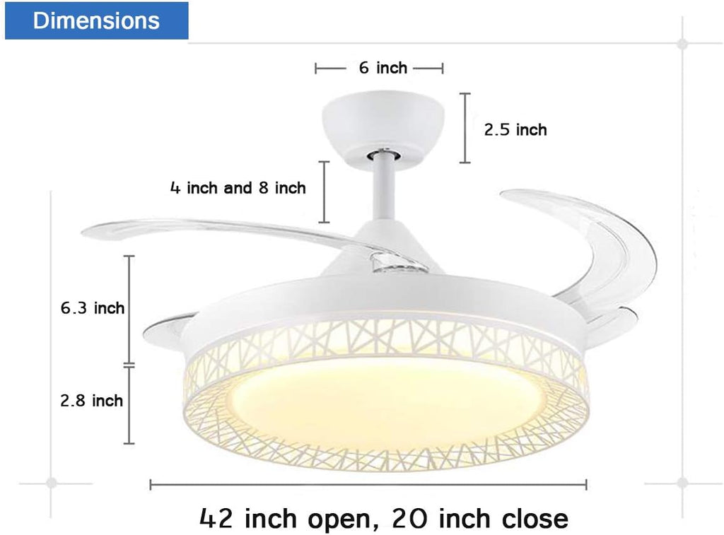 42' Retractable Ceiling Fan with Light, Modern Chandelier Ceiling Fan with Remote, Retractable Blades, 3 Color Light Dimmable Ceiling Fan and Light for Bedroom Living Room Dining Room (White)