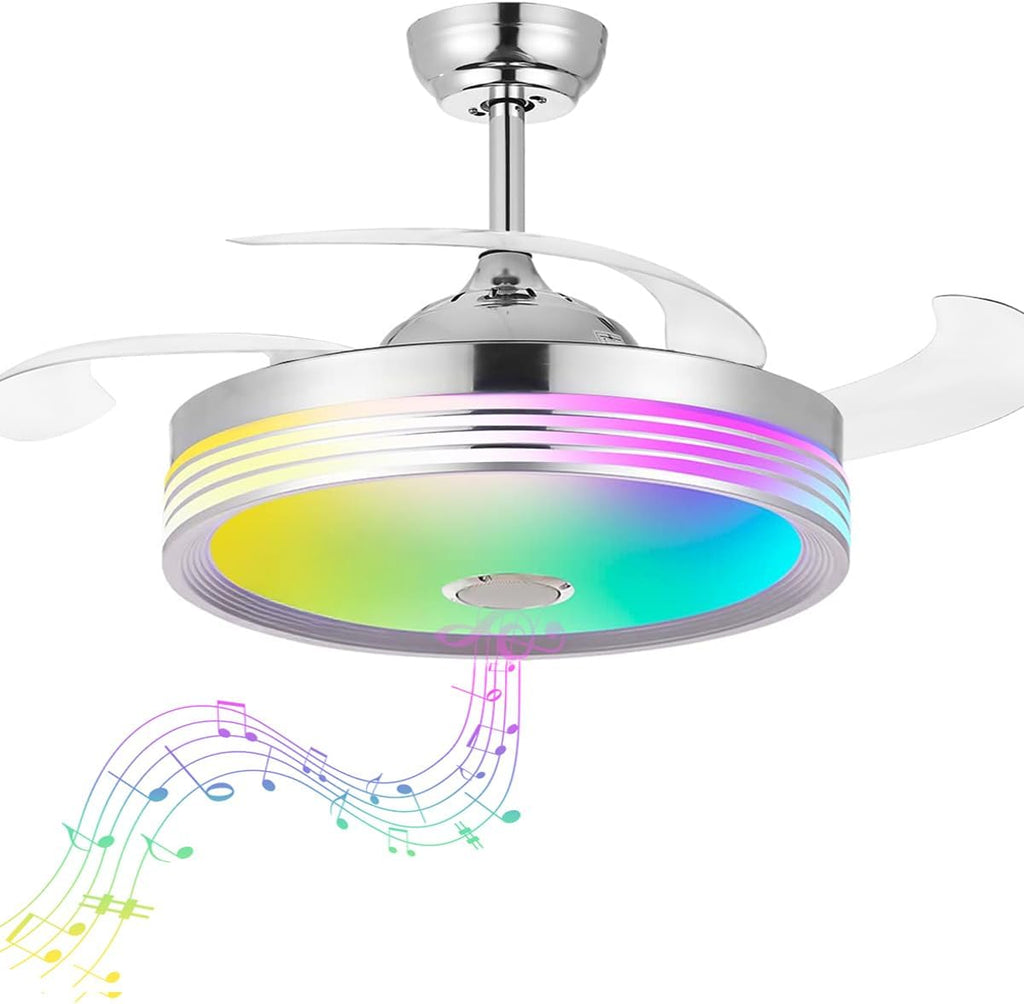 48 inch Modern Retractable Ceiling Fan with Lights and Remote Control, 6Speed Dimmable Fandelier, Smart Ceiling Fan Light with Bluetooth Speaker, RGB Color Reversible Bedroom Living Room, Chrome