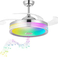 48 inch Modern Retractable Ceiling Fan with Lights and Remote Control, 6Speed Dimmable Fandelier, Smart Ceiling Fan Light with Bluetooth Speaker, RGB Color Reversible Bedroom Living Room, Chrome