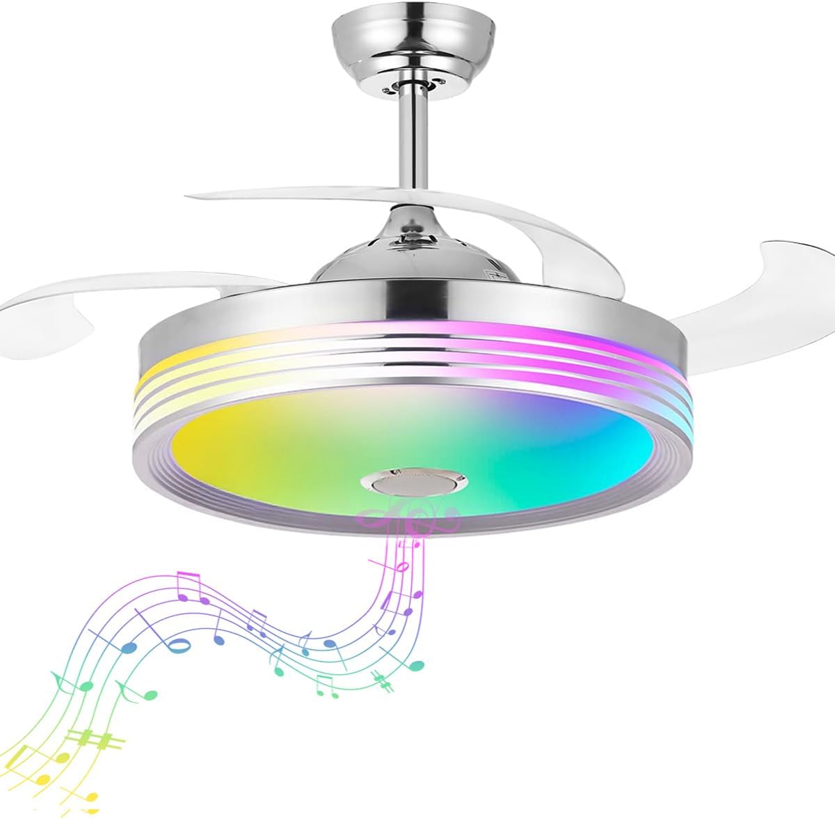 48 inch Modern Retractable Ceiling Fan with Lights and Remote Control, 6Speed Dimmable Fandelier, Smart Ceiling Fan Light with Bluetooth Speaker, RGB Color Reversible Bedroom Living Room, Chrome