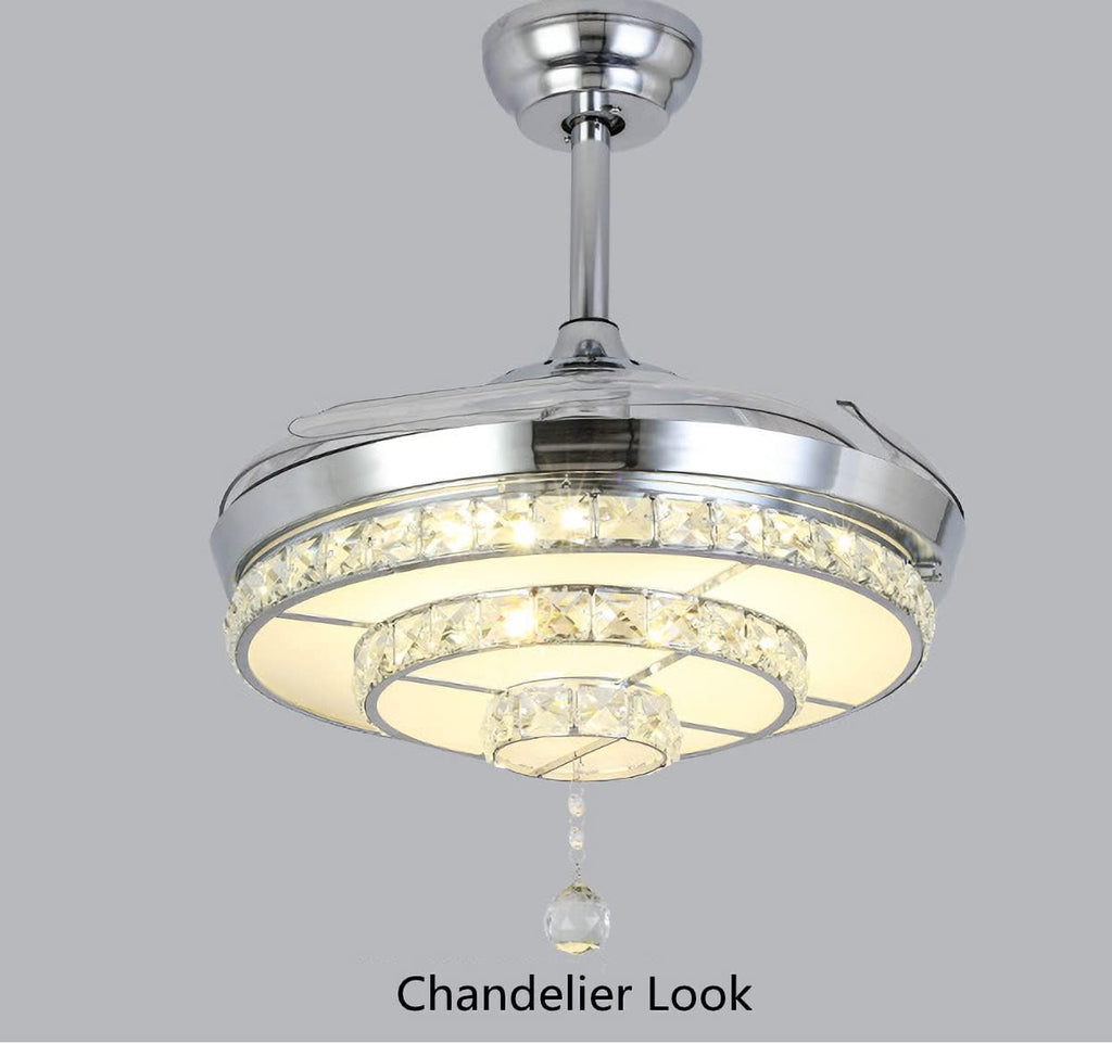 RuiWing 42' Crystal Ceiling Fan with LED Light and Remote Control Retractable Fandelier 3 Colors 3 Speeds with Silent Motor Luxury Fandelier for Bedroom Indoor Living Dining Room