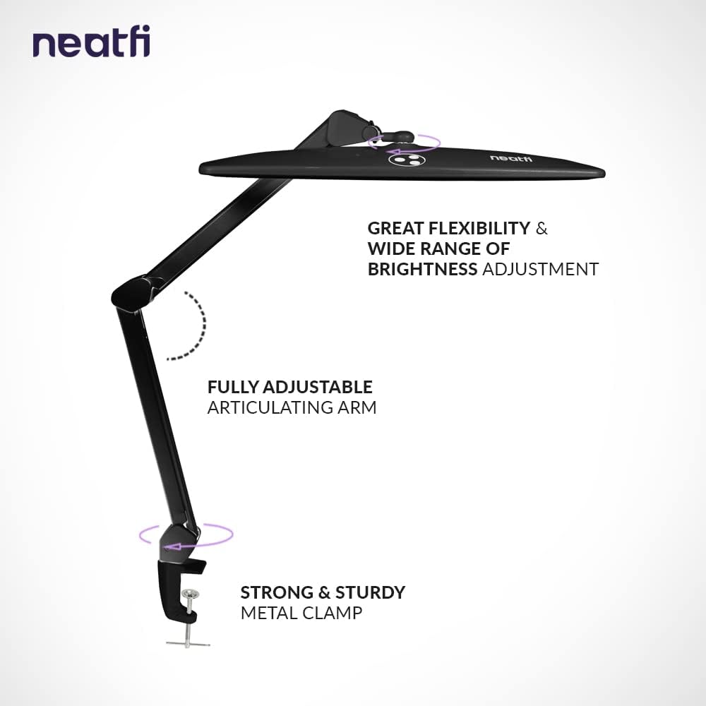 Neatfi Elite HD XL Desk Lamp – 1,600 Lumens, 22' Wide Head, 6500K Daylight | Non-Polar Dimming, Adjustable | Office, Study & Home Workspace (Black, Non-CCT with Clamp, 22 Inches)
