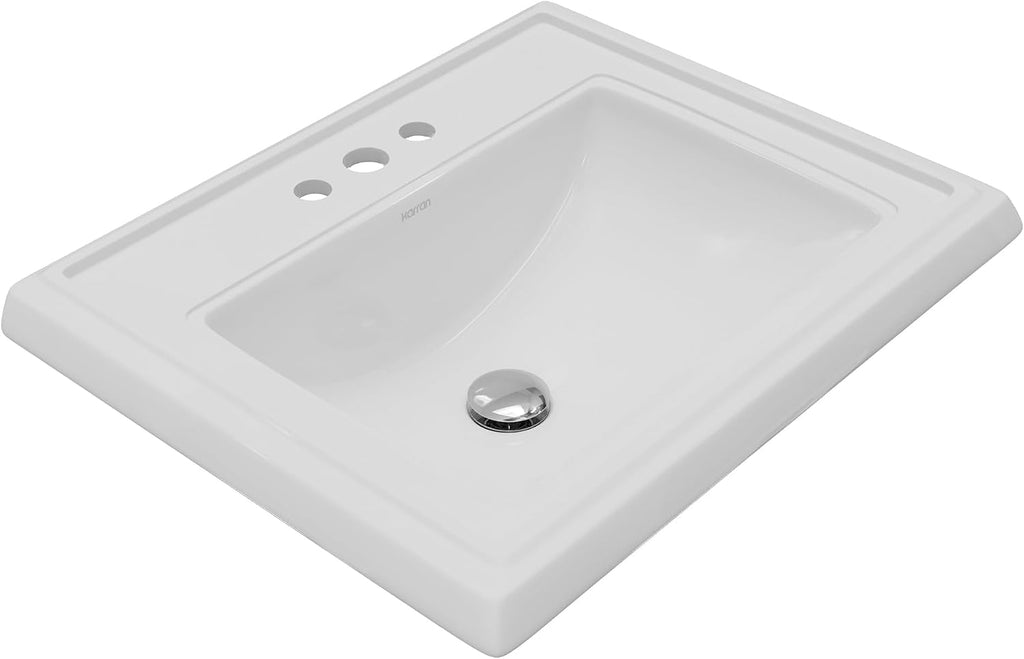 Karran Valera Top-Mount Bathroom Sink – Deep Rectangular Vitreous China Drop-In Vanity Basin in White with Overflow – VC-208-WH