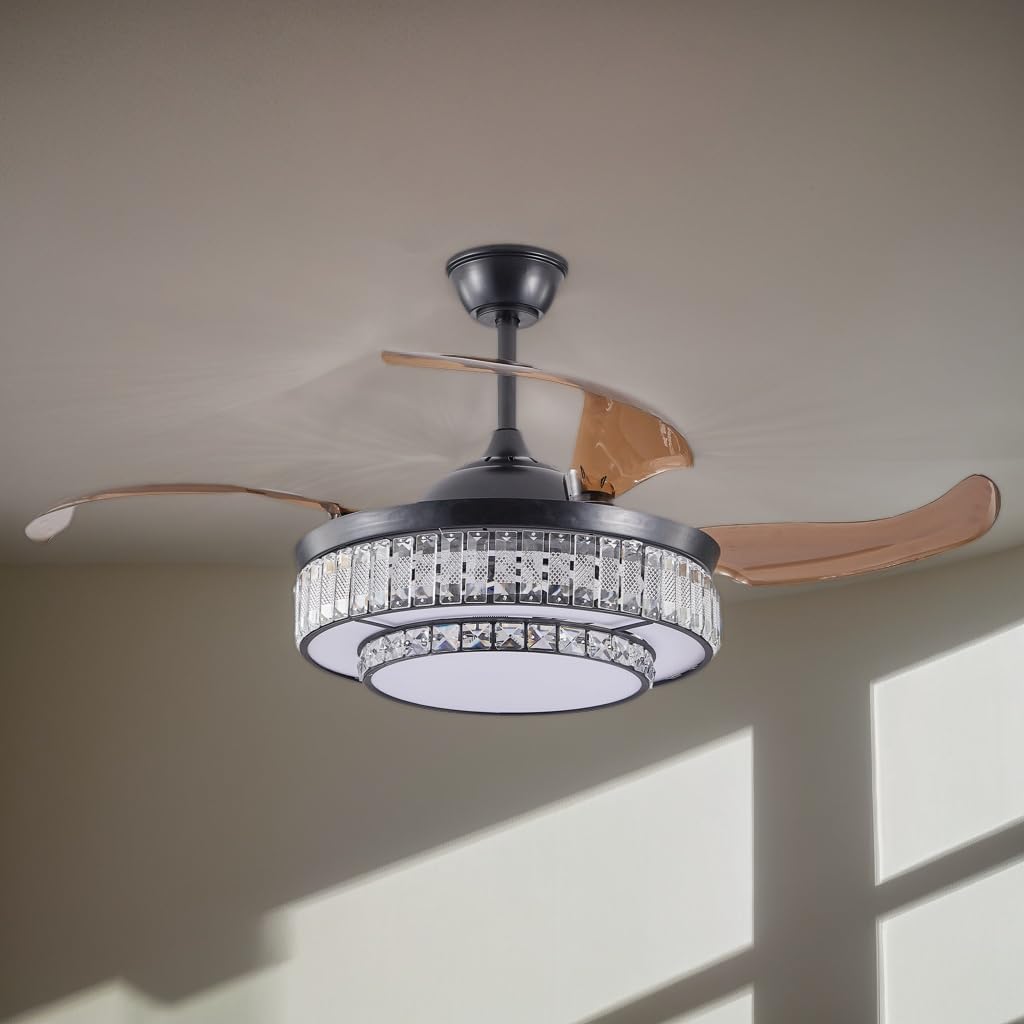 48 Inch Invisible Crystal Chandelier Fan with Remote Control, Modern Retractable Ceiling Fan Light, Black Fandelier for Bedroom, Living Room, Home Decor