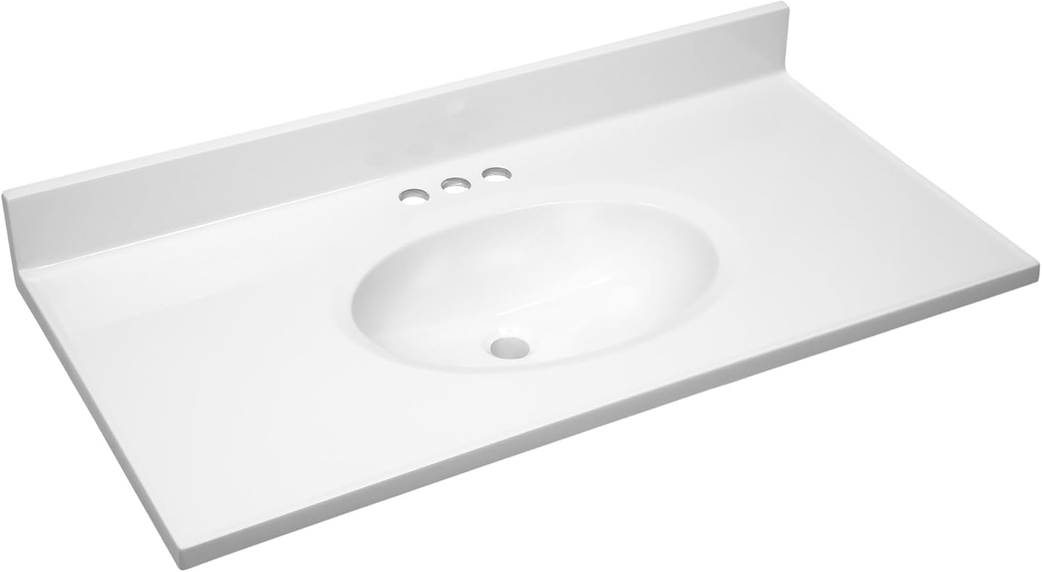 Pemberly Row 37x19 in Marble Single Bowl Vanity Top, Solid White Finish, Pre-Drilled Faucet Holes, Cultured Marble with Oval Sink, Integrated Backsplash, Durable Bathroom Countertop