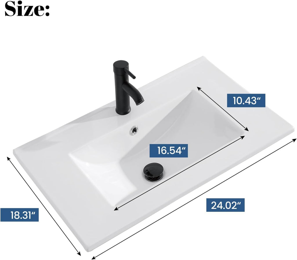 24 in. W x 18.3 in. D Bathroom Undermount Ceramic Sink Top W/One Hole, Drop in Bathroom Vessel Sink Rectangle, Without Matte Black Faucet & Pop up-Drain, for Bathrooms, White