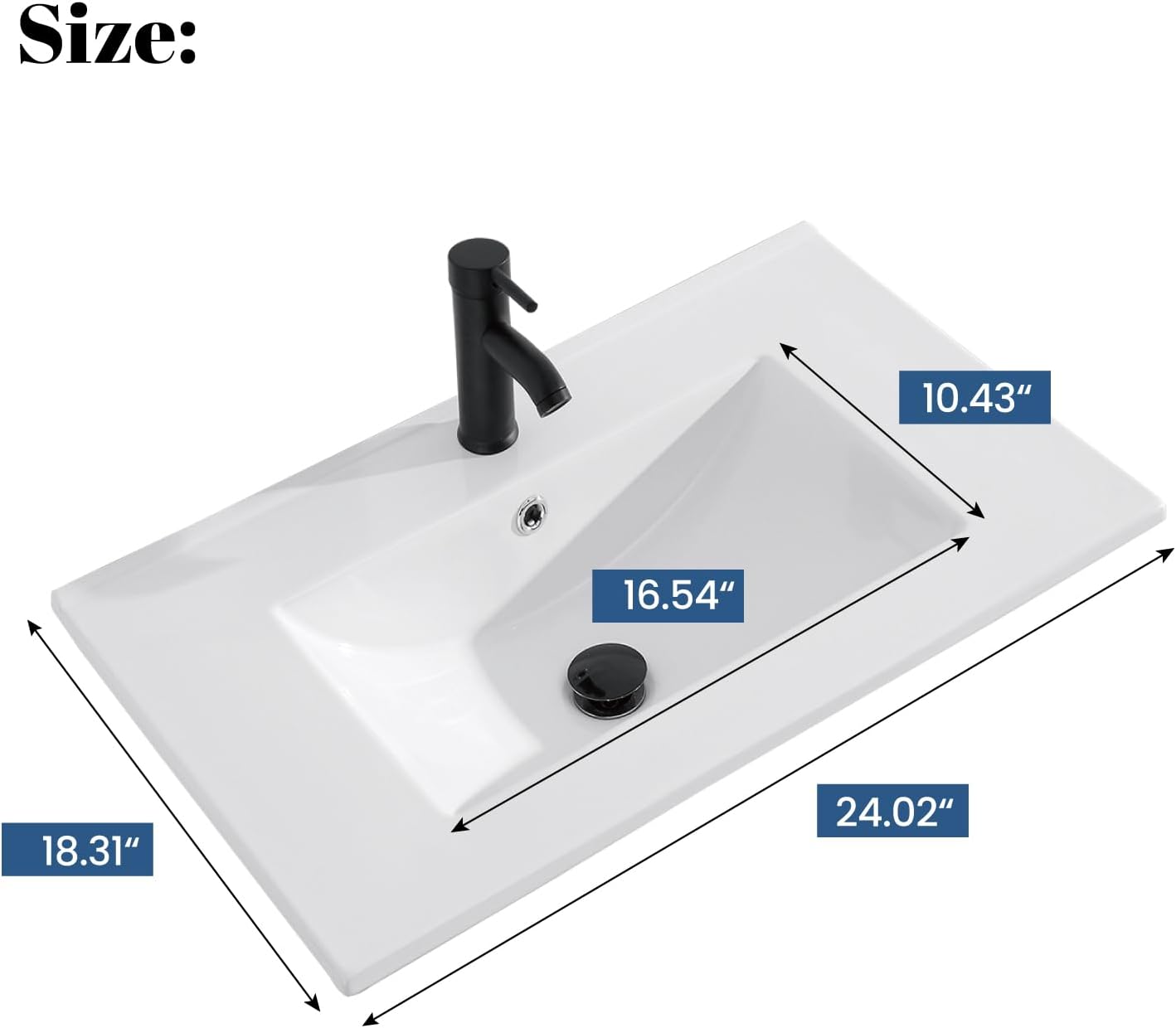24 in. W x 18.3 in. D Bathroom Undermount Ceramic Sink Top W/One Hole, Drop in Bathroom Vessel Sink Rectangle, Without Matte Black Faucet & Pop up-Drain, for Bathrooms, White