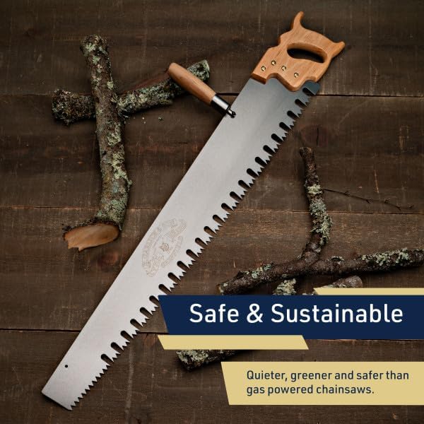 Hand Saw for Wood Cutting - 3' One Man Crosscut Saw for Logging with Screw-on Auxiliary Handle, Great American Style Teeth, and Self-Clearing Gullets by Kings County Tools