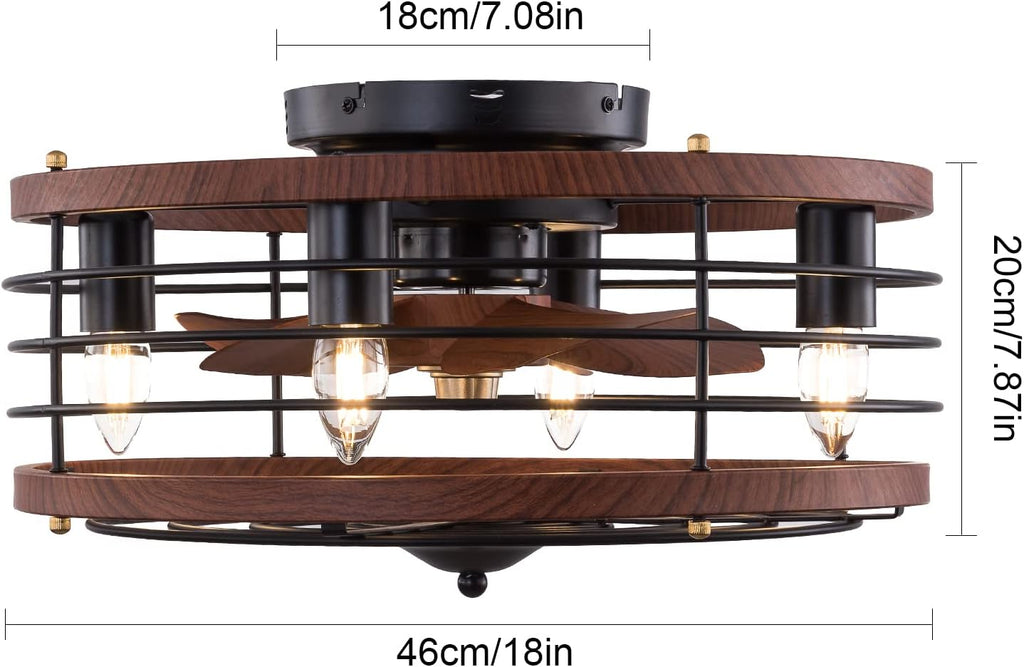 18' Caged Ceiling Fan with Light Flush Mount, Modern Farmhouse Fandelier with Timer & Control, 3-Speed, Ceiling Fan Light Fixture for Kitchen Bedroom Office Dark Brown 110V E26*4