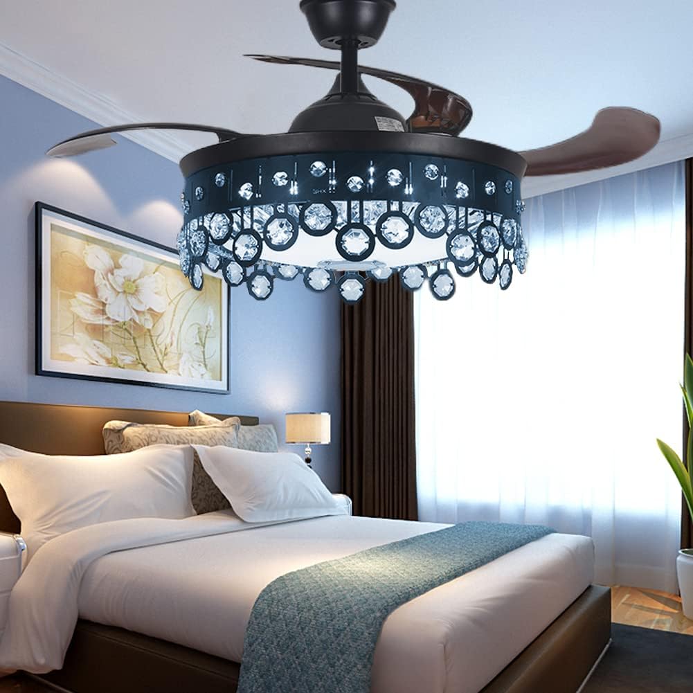 42' Chandelier Ceiling Fan with Speaker and 7 Colorful Dimmabel Light, Retractable Ceiling Fan with Remote Control 3 Speed Black Fandelier for Dining/Living Room