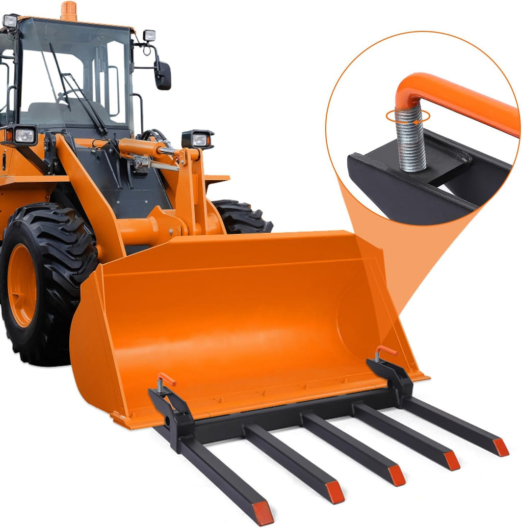 Clamp on Debris Forks to 48' Bucket, Heavy Duty 5 Fork Tines Clamp-on Pallet Attachments with 2500 LBS Capacity Fit for Tractor Bucket, Skid Steer Loader