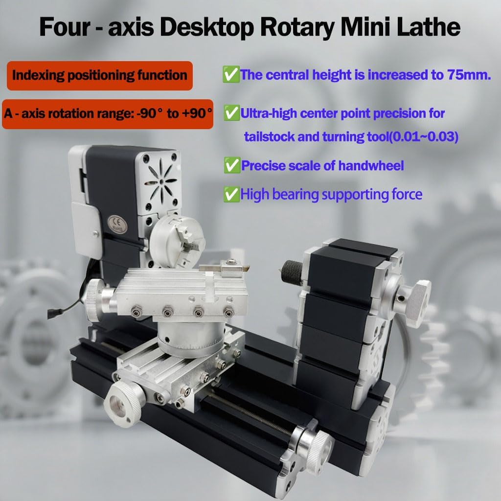 60W 12000RPM High Power Mini Metal Rotating Lathe,4-axis desktop lathe machine，Wood DIY/Soft Metal Crafting 150mm machining diameter