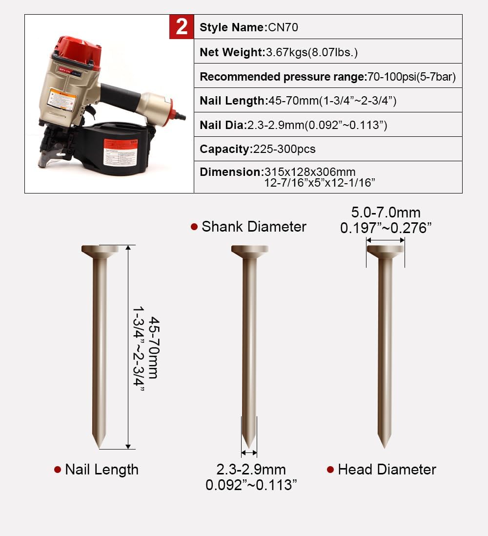 CN70 Coil Nail Gun, 15 Degree Pneumatic Siding Nailer, 1-3/4 Inch to 2-3/4 Inch Framing Coil Nail Gun, Heavy Duty Air Nailer for Pallet Sheathing Wooding Fencing Decking