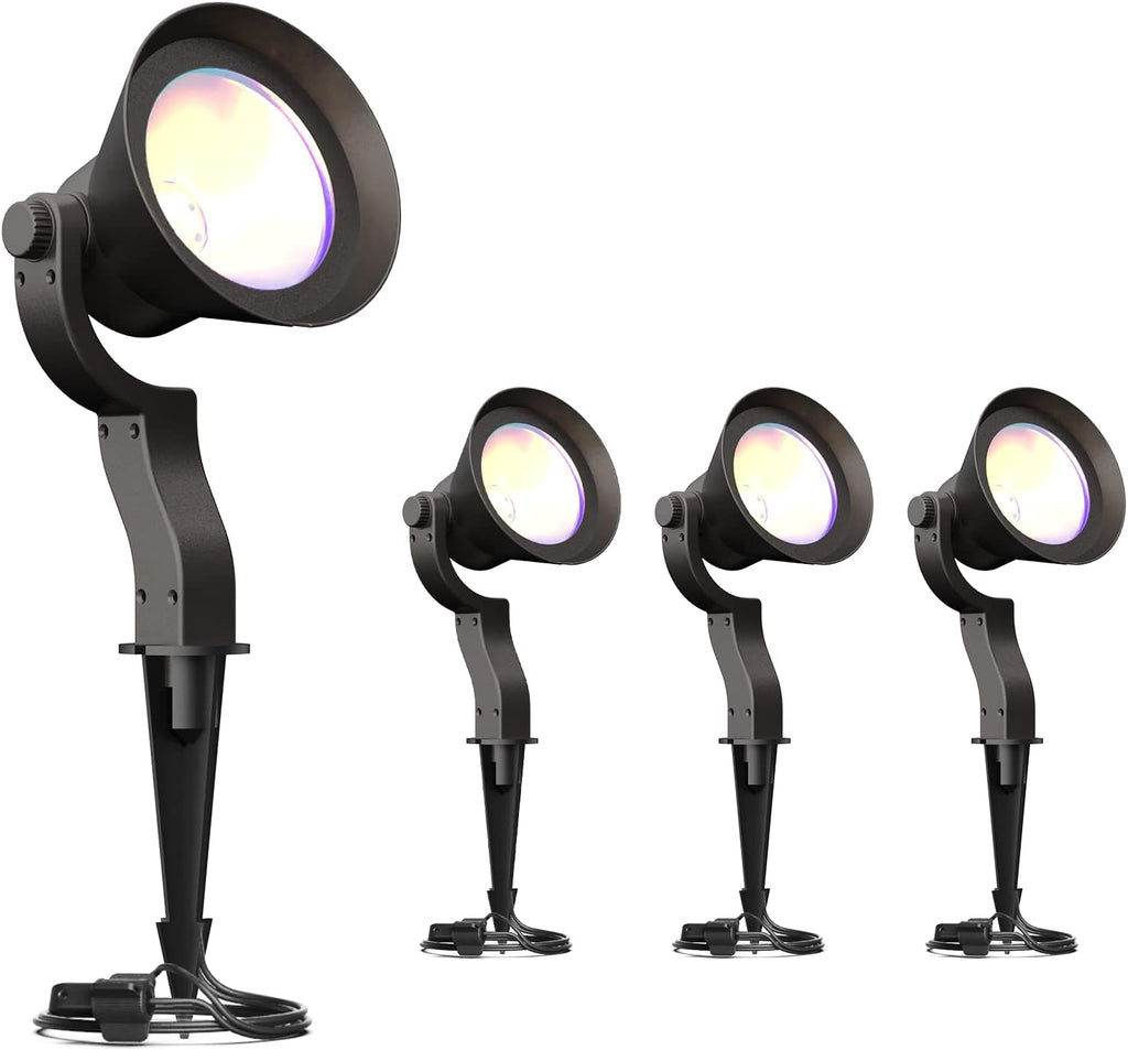 GOODSMANN RGBW Low Voltage LED Landscape Spotlight, 3000K/6000K White Light, 4 Pack 12W 12V-15V Outdoor Lights 9 Lighting Modes Color Changing Aluminum Housing Spot Lights for Garden Yard