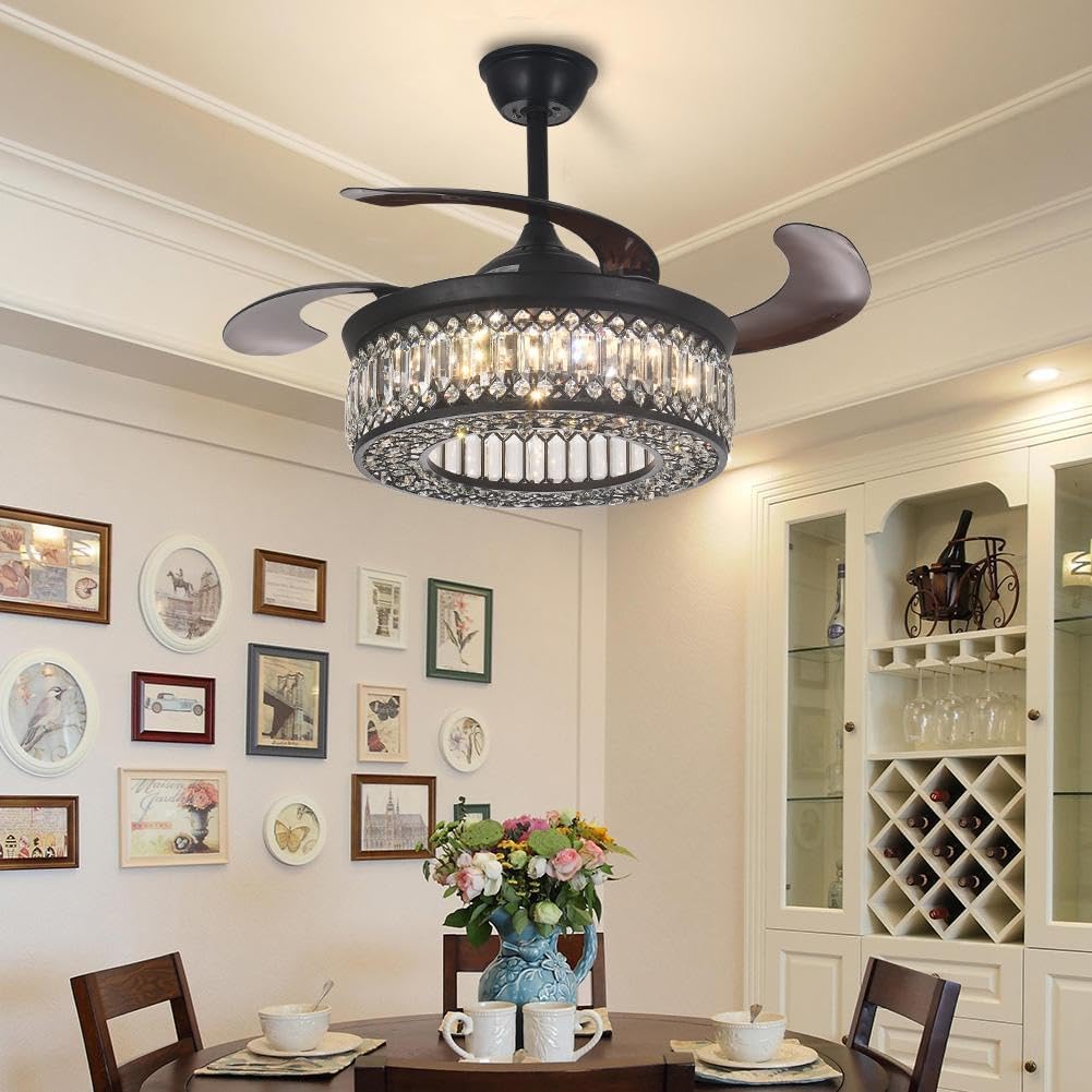 42' Crystal Ceiling Fan Fandelier with Lights and Remote Control Modern Chandelier Ceiling Fan with Reversible Blades 6 Speed, 3 Timing for Dining Room Living Room Bedroom,Black