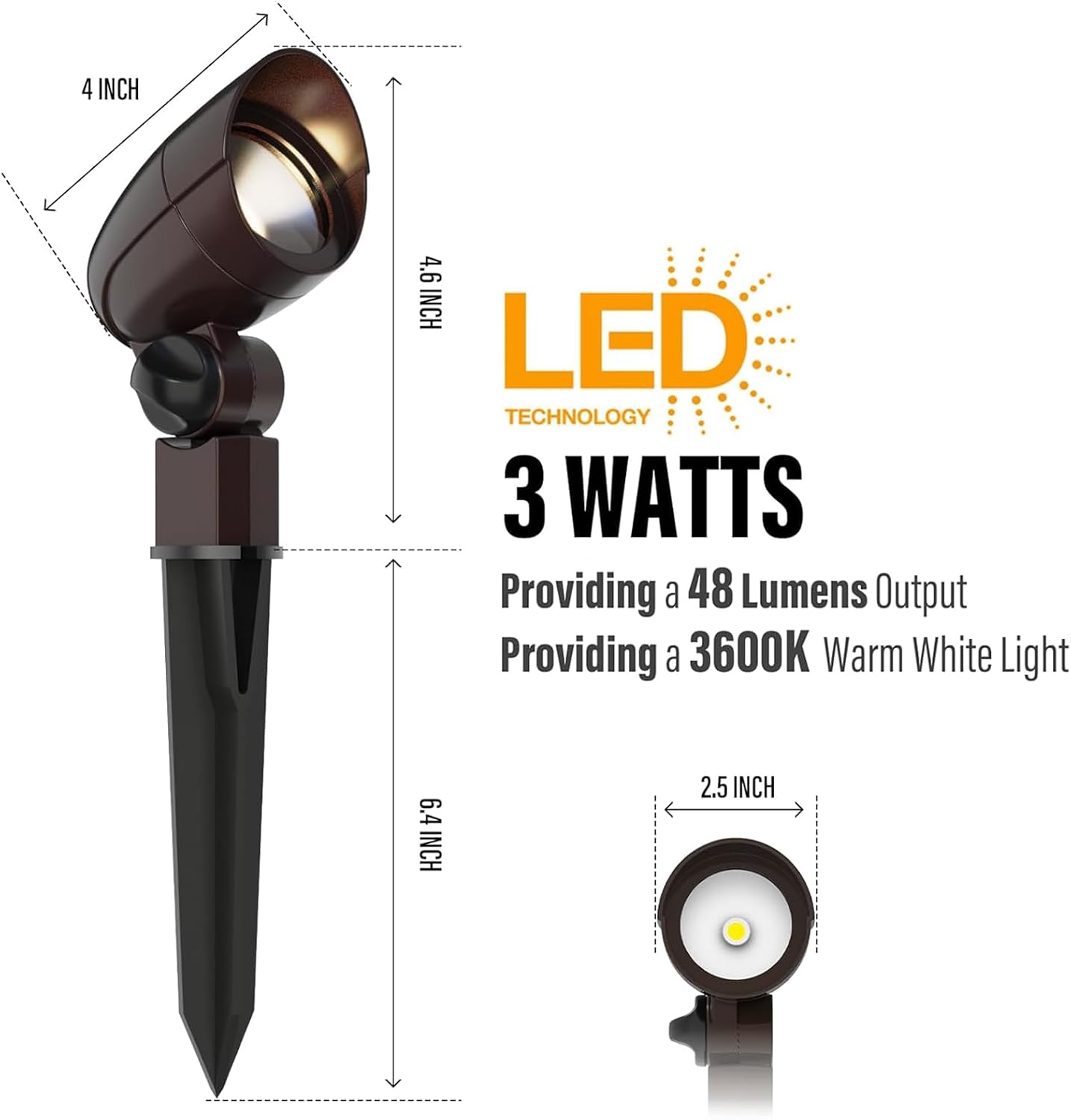 Outdoor Low Voltage Landscape Light Kit 3W 48Lumen LED Spotlights 12V 3600K Warm White Flood Lights with Connector and Stake 8Pack