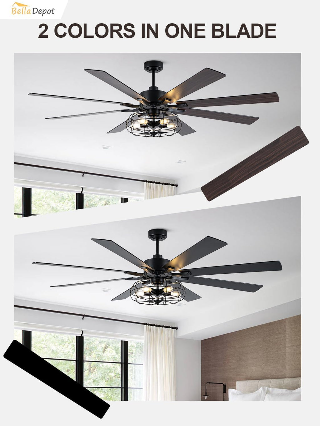 Bella Depot 72 Inch Large Farmhouse Ceiling Fan Industrial Big Chandelier Ceiling Fan with Light, 6-Speed, Reversible, Timing Option - Ideal for Bedroom, Living Room, Covered Patio