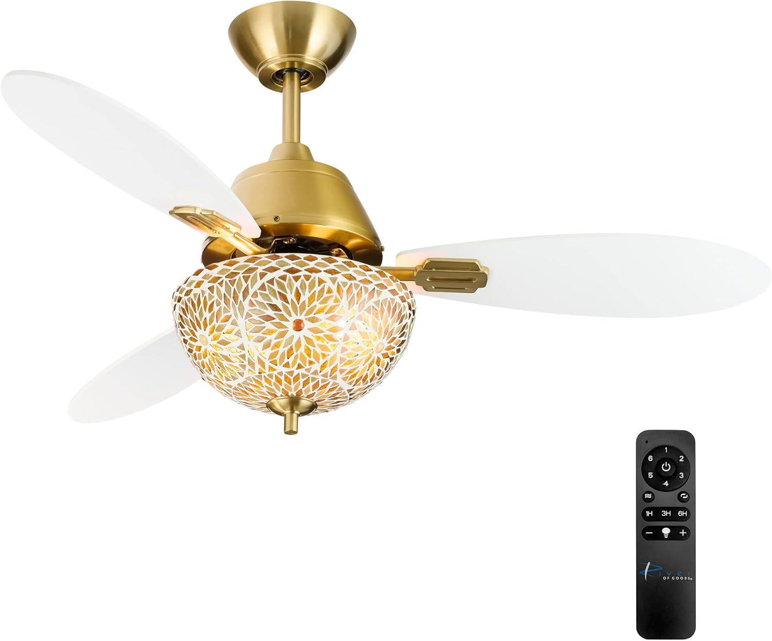 RIVER OF GOODS 42' W Pierre LED Indoor Gold and White Mosaic Glass Ceiling Fan with Remote Control