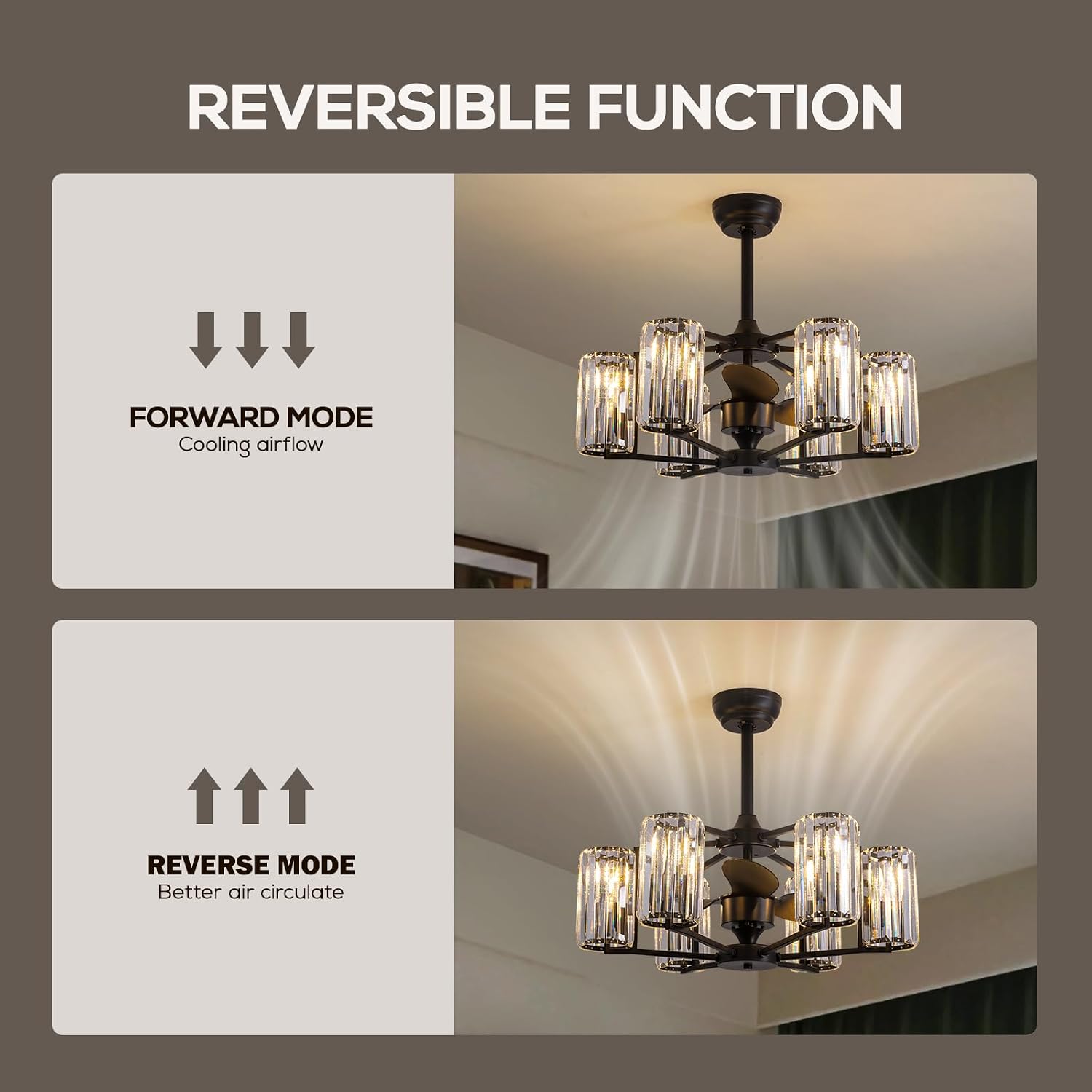 MOOONICHECHE 27' Crystal Ceiling Fan with Light and Remote Control 6-Light Black Vintage Crystal Caged Fandelier Luxury Large Chandelier Ceiling Fan for Dining Living Room Kitchen Bedroom