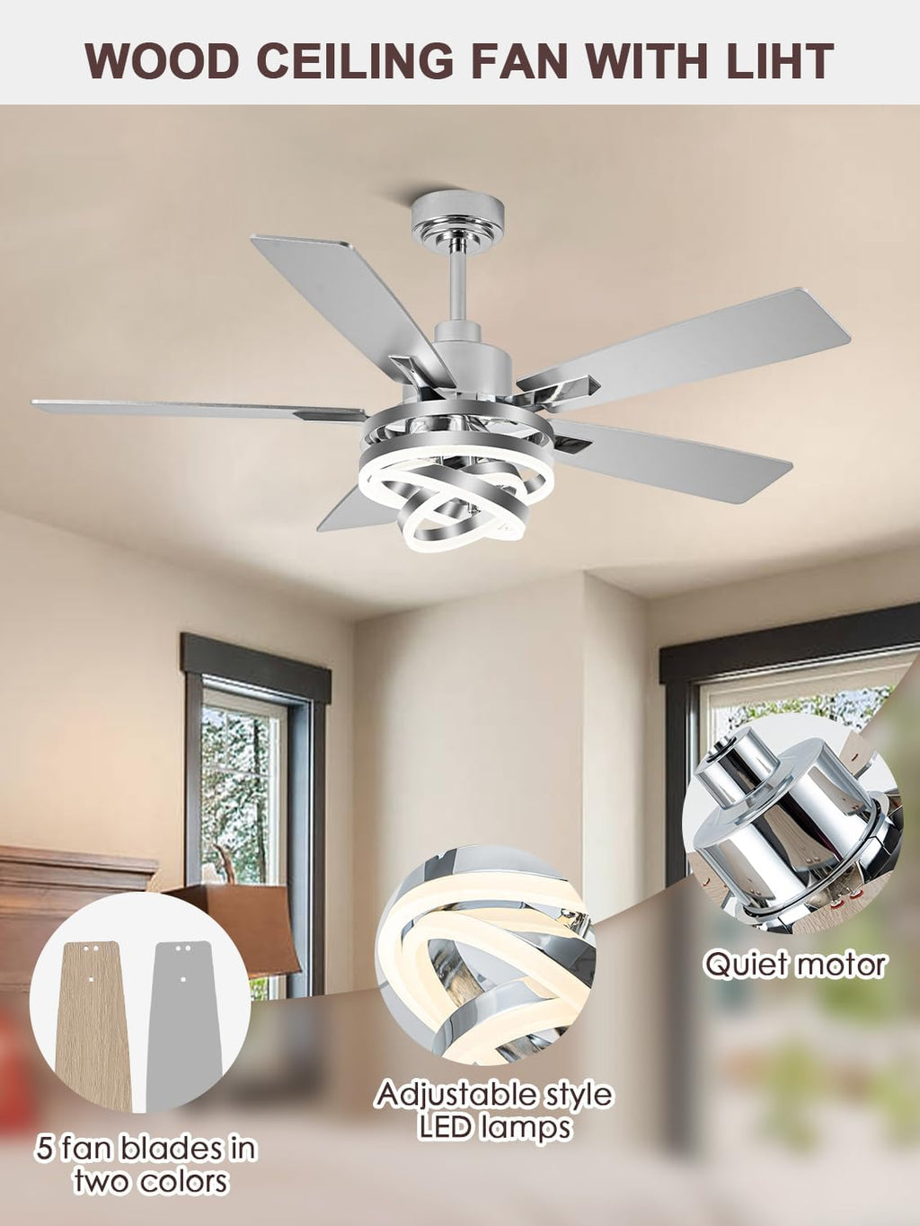 52' Ceiling Fan with Lights and Remote Contro Modern Chandelier Ceiling Fan with Lights 6 Speed 3 Timing for Bedroom Living Room Kitchen（Chrome）