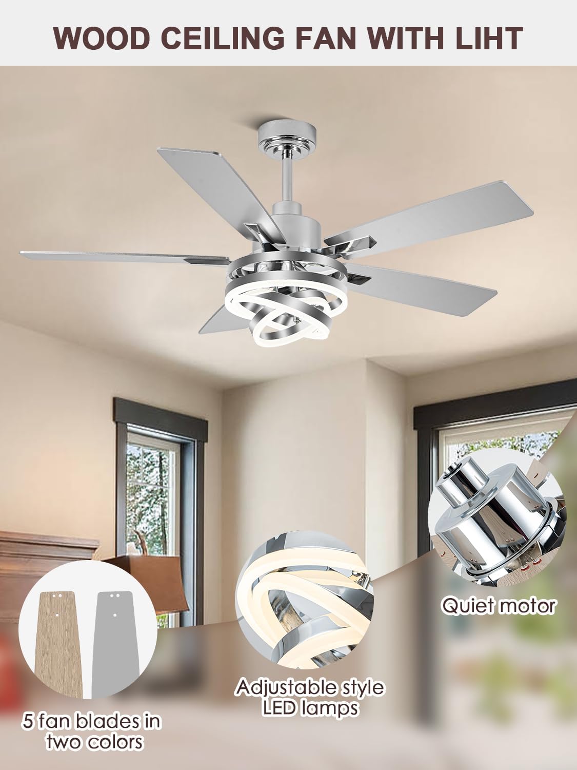 52' Ceiling Fan with Lights and Remote Contro Modern Chandelier Ceiling Fan with Lights 6 Speed 3 Timing for Bedroom Living Room Kitchen（Chrome）