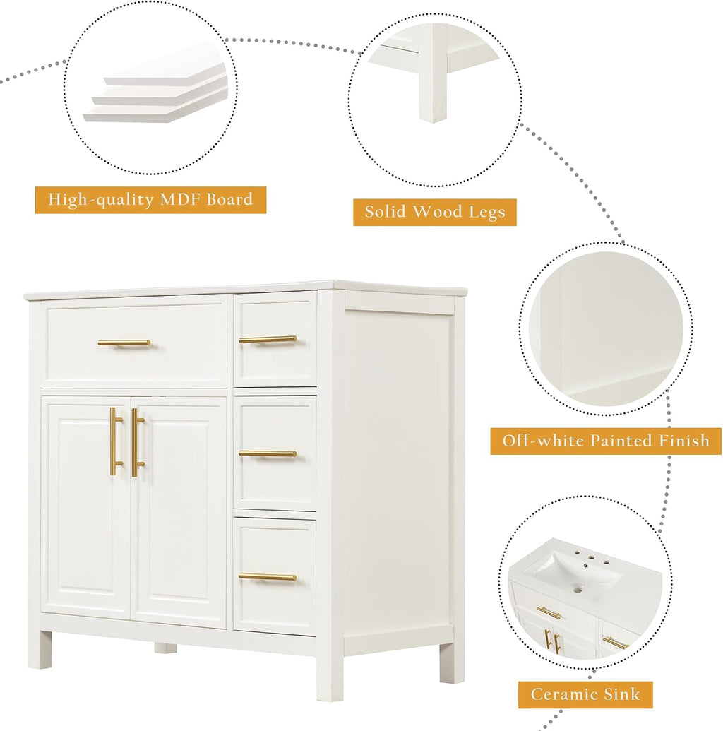 Harper & Bright Designs 36' Bathroom Vanity with Sink, Bathroom Cabinet with Two Doors and Three Drawers, White Undermount Left Side SinkVanity Countertop, Solid Wood Frame