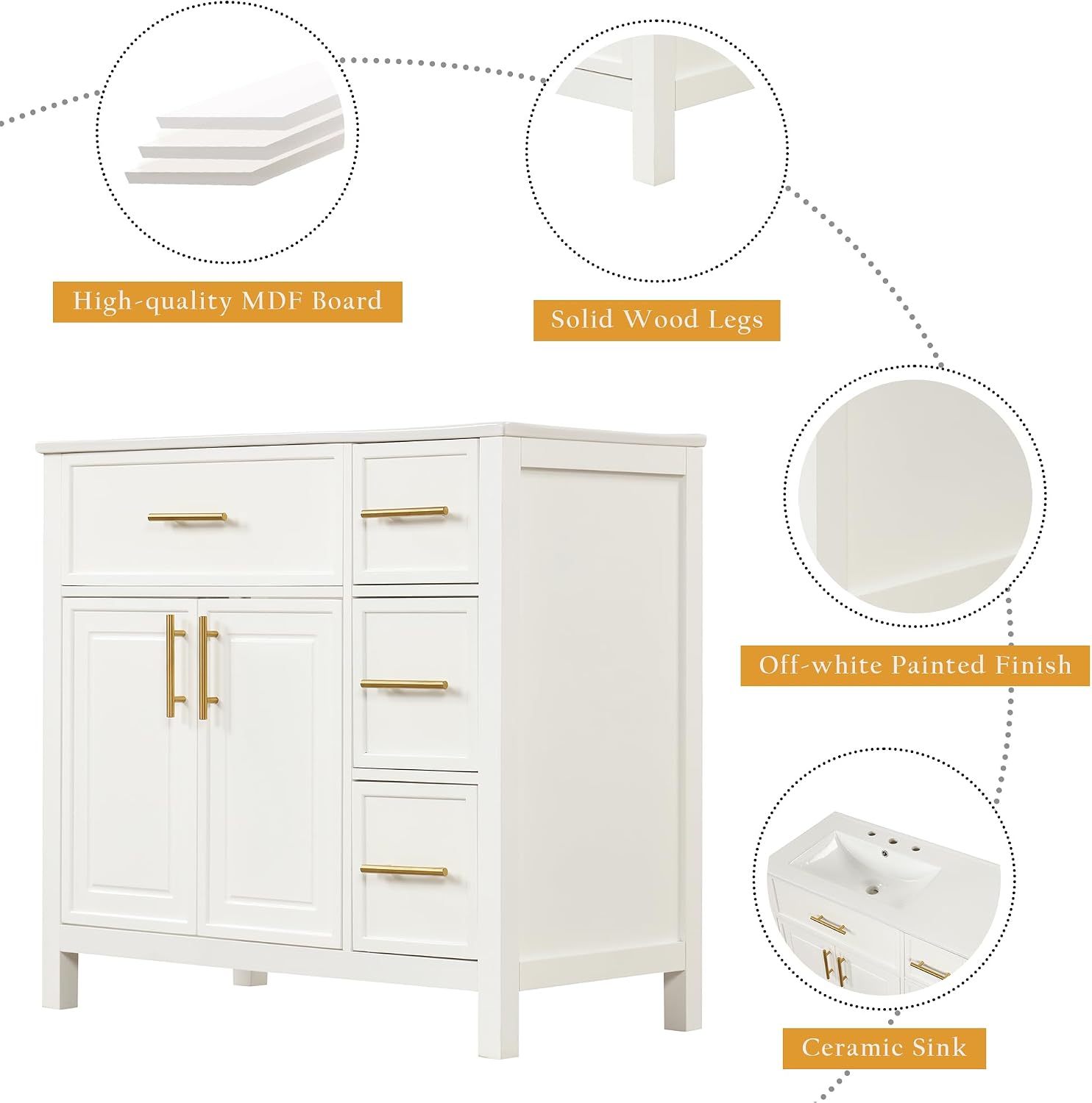 Harper & Bright Designs 36' Bathroom Vanity with Sink, Bathroom Cabinet with Two Doors and Three Drawers, White Undermount Left Side SinkVanity Countertop, Solid Wood Frame