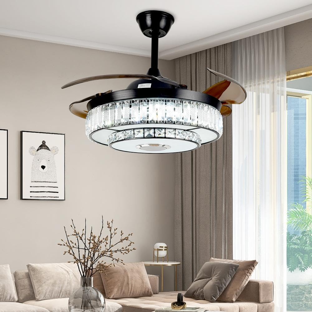 42' Bluetooth Chandelier Ceiling Fan with Light, Fandelier with Reversible Motor, Modern Retractable Ceiling Fan Light and Music Speaker RGB Color Change with Remote Control for Living Room/Bedroom