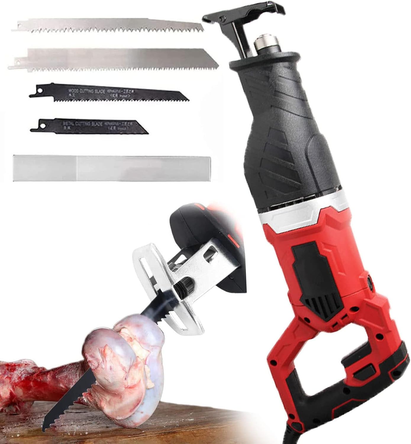 900W/1300W Portable Cordless Reciprocating Saw - Professional Multifunctional Meat & Bone Cutting Machine with 180° Rotating Body for Pork, Fish, and Ribs(Red,1300W)