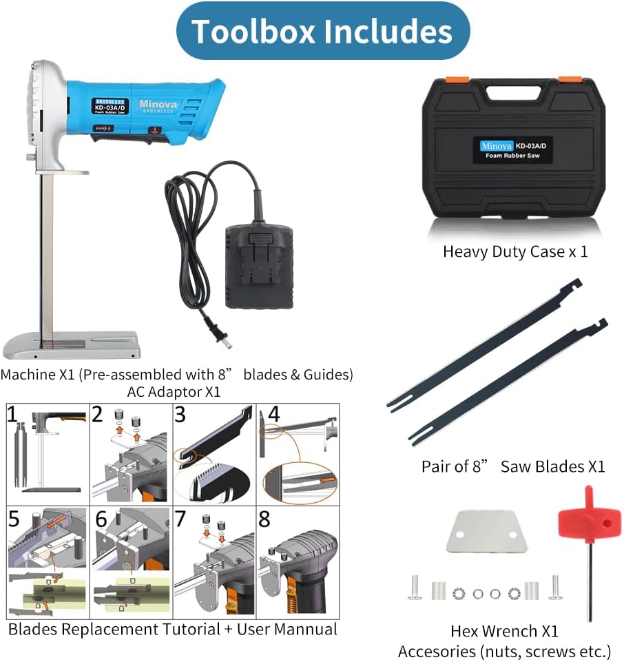 Brushless Foam Rubber Cutter 8' Kit, Cutting of All Densities of Rubber, upholstery foam cushion & Flexible Plastic Foam, Heavy-Duty Cutting Tool, Designed for Fast (Corded)