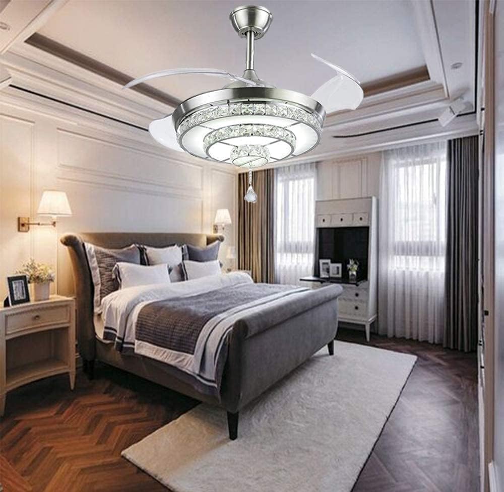 RuiWing 42' Crystal Ceiling Fan with LED Light and Remote Control Retractable Fandelier 3 Colors 3 Speeds with Silent Motor Luxury Fandelier for Bedroom Indoor Living Dining Room