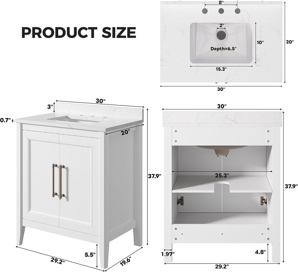 LIKIMIO 30' Bathroom Vanity with Sink, Freestanding Bathroom Vanity with 2 Soft-Close Doors, Engineered Stone Countertop with Undermount Ceramic Sink, Modern Bathroom Vanity, Easy Assembly, White