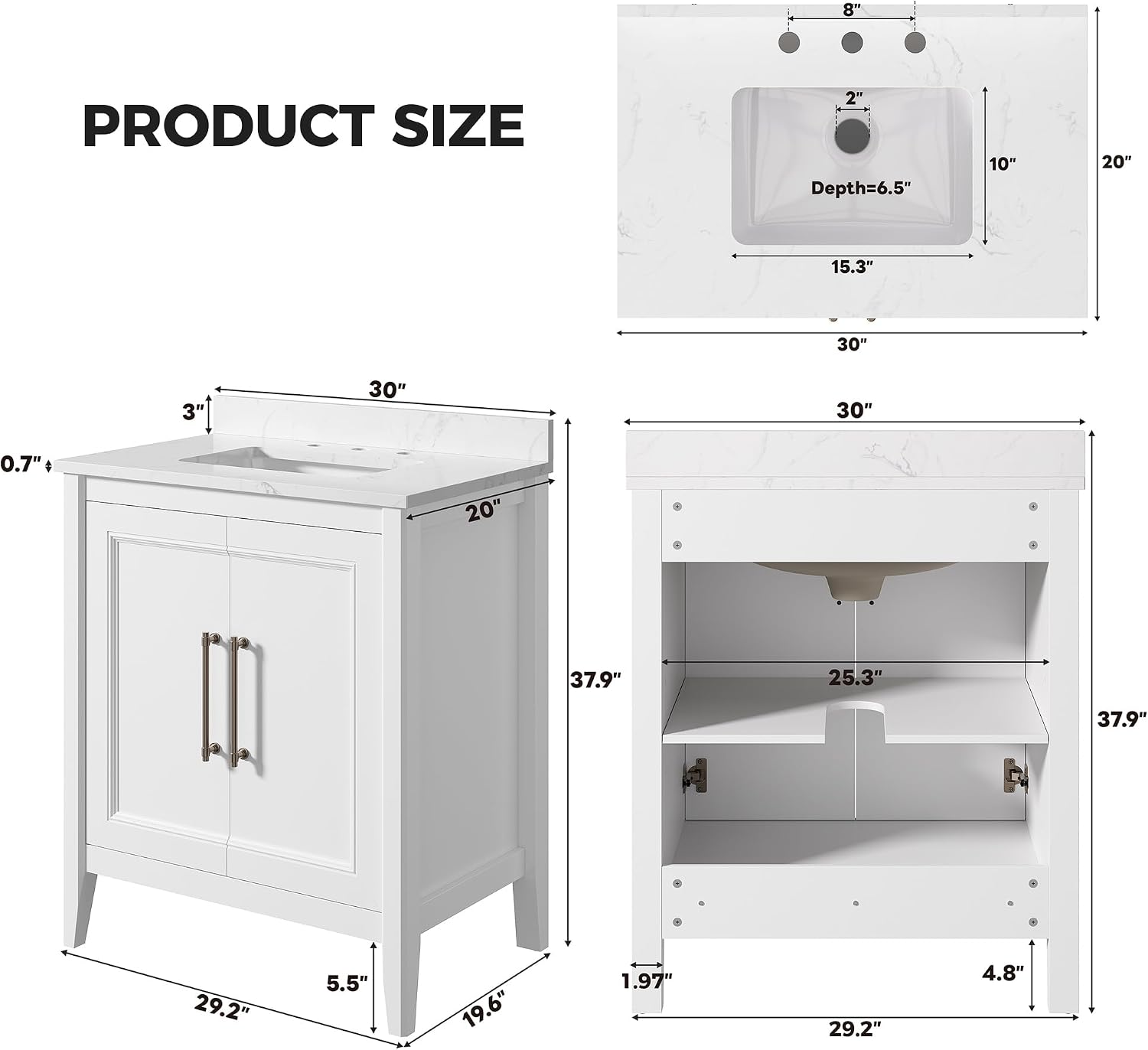 LIKIMIO 30' Bathroom Vanity with Sink, Freestanding Bathroom Vanity with 2 Soft-Close Doors, Engineered Stone Countertop with Undermount Ceramic Sink, Modern Bathroom Vanity, Easy Assembly, White