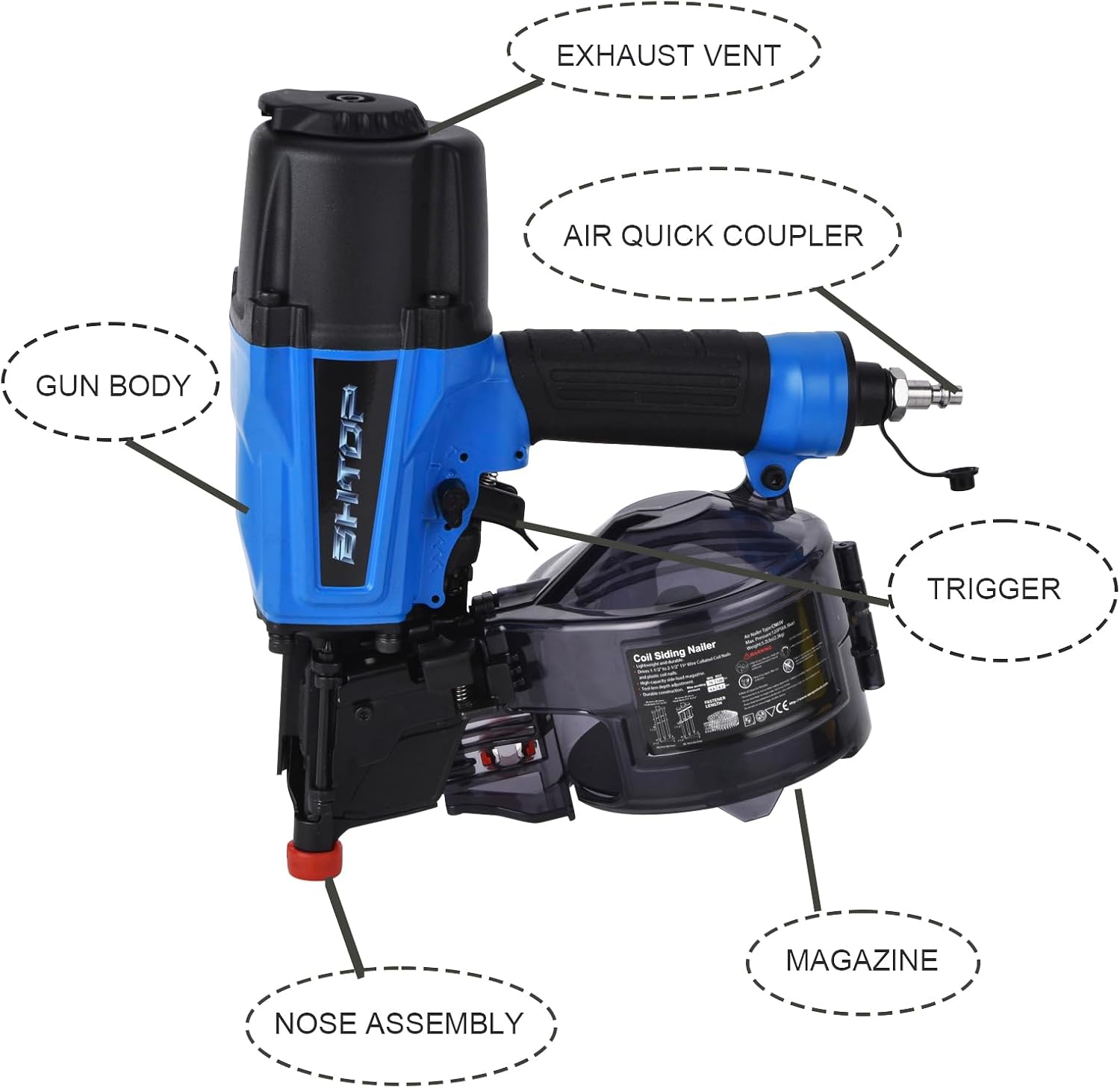 Siding Nail Gun, 15-Degree Coil Siding Fencing Nailer, 1-1/2 inch to 2-1/2 Inch for Siding, Fiber Cement, Fencing, Cedar Shake