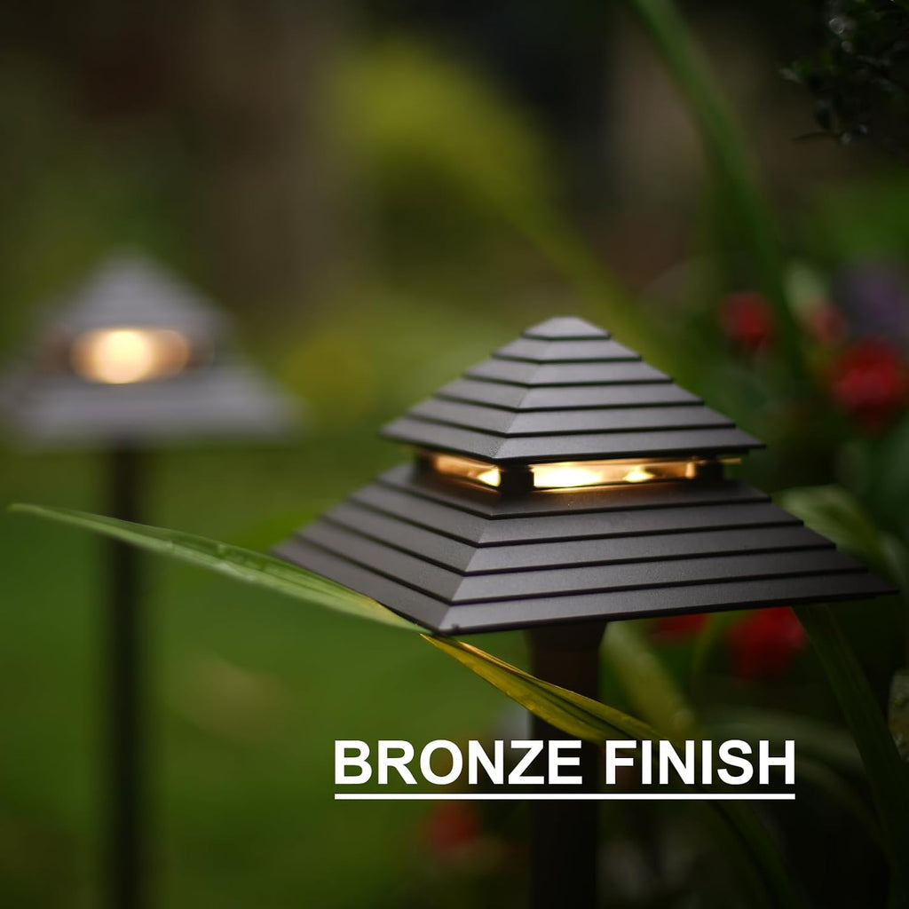 GOODSMANN Landscape Lighting 8PK Low Voltage Outdoor Path Lights 2-Tier Pagoda Landscape Path Lights Pathway Lights Wired 3W LED 180 Lumen 3000K Warm White Driveway Bronze Electric Pathway Light