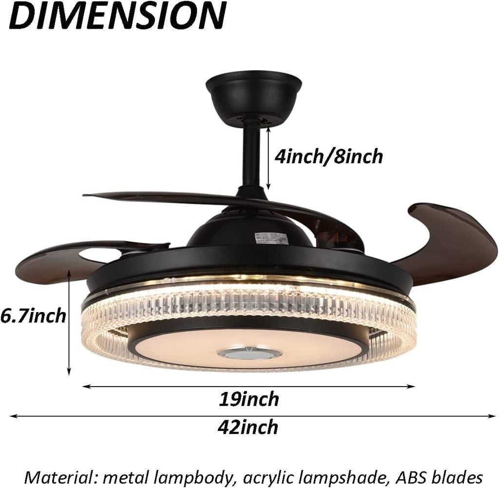 FANPERO 42' Smart Ceiling Fan with Lights Remote Control, Black Crystal Fandelier with Bluetooth Speaker, 7 Color Dimmable Retractable LED Chandelier Fans with Reversible Silent Motor, 6 Speeds