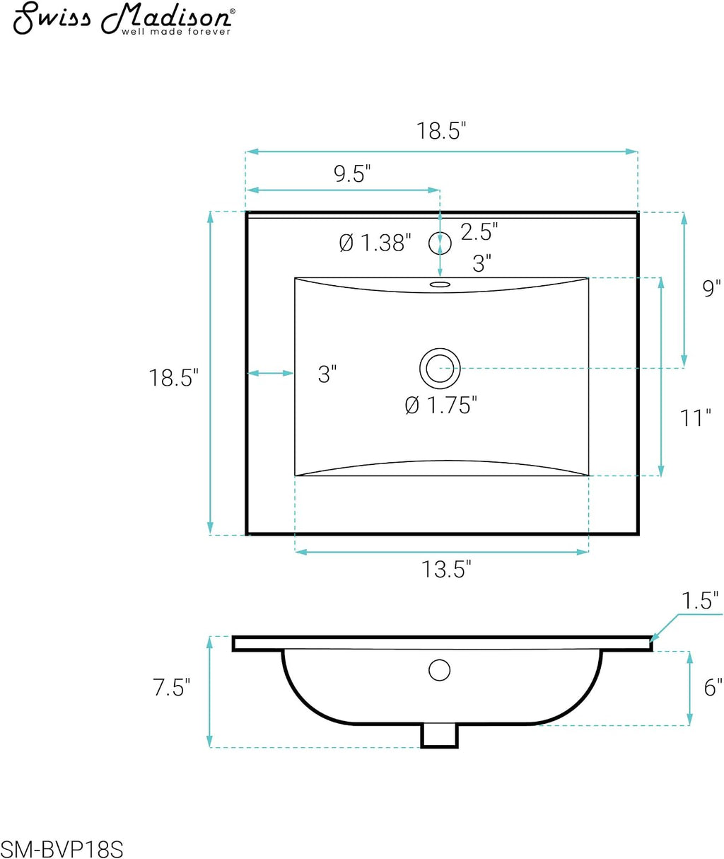 18' Ceramic Square Vanity Sink Top