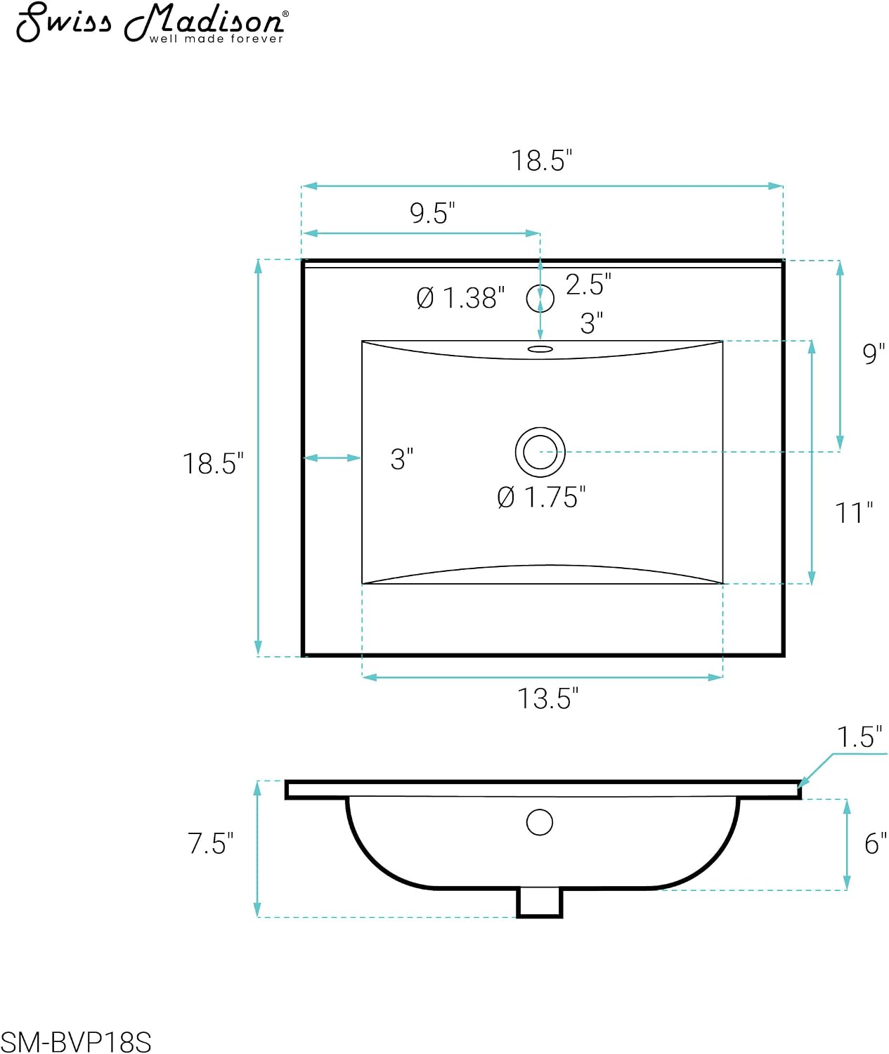 18' Ceramic Square Vanity Sink Top