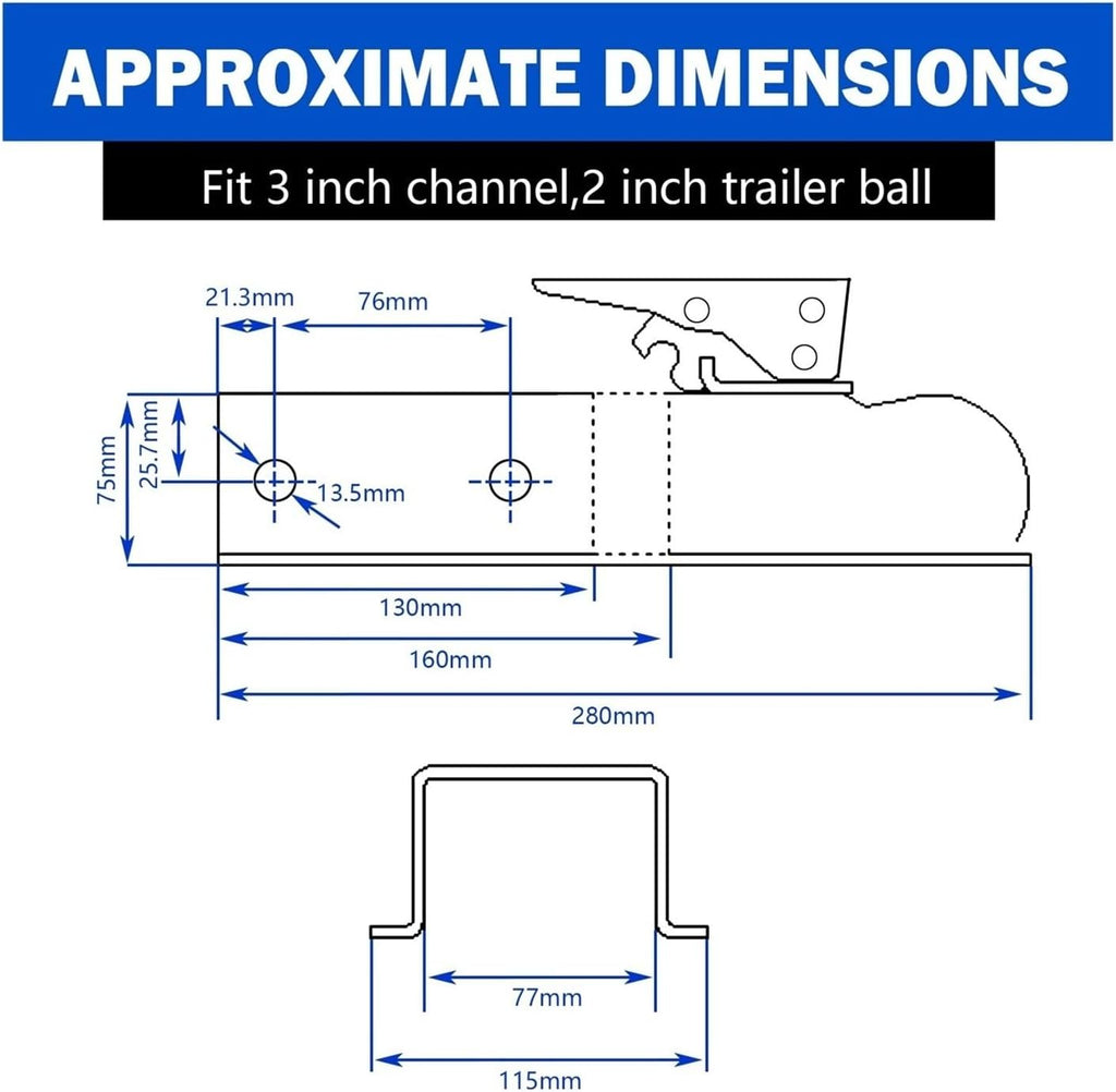 2'x 3'Straight Tongue Trailer Coupler for 3in Channel,2in Hitch Ball,5000 Lbs,Electroplated,RV Parts,Camper Caravan Accessories(Opition(1))