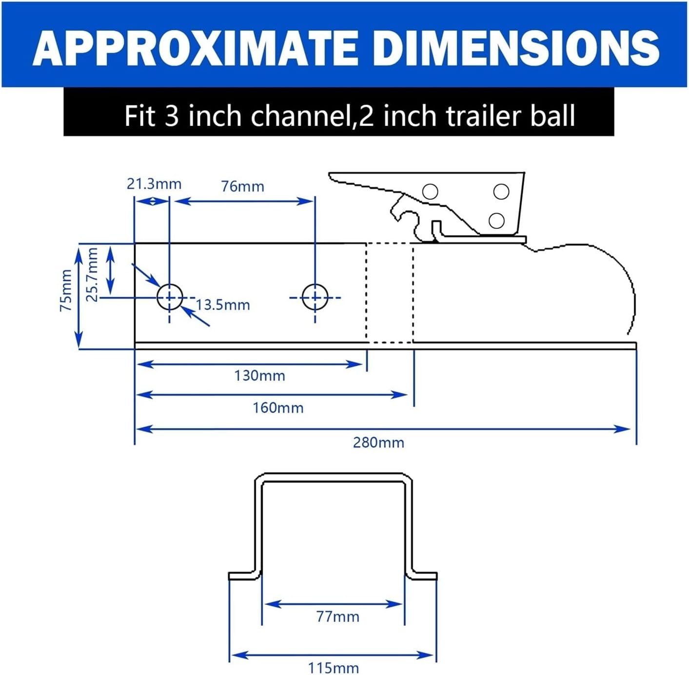 2'x 3'Straight Tongue Trailer Coupler for 3in Channel,2in Hitch Ball,5000 Lbs,Electroplated,RV Parts,Camper Caravan Accessories(Opition(1))