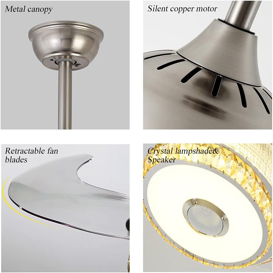 42'' Fandelier Crystal Ceiling Fan with Light, 3 Speeds Changes 7 Colors Dimmable Fandelier Bluetooth Speaker Music Ceiling Fans Modern 2 Layers Crystal Light Fixture for Bedroom,Living Room