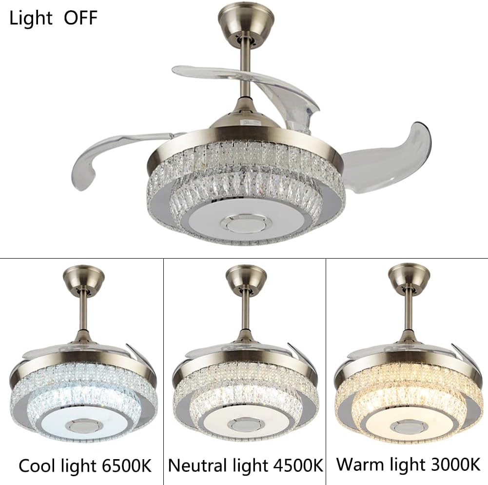 42 inch Bluetooth Ceiling Fan with 7 Colorful Dimmable, Retractable Crystal Chandelier Fans with Remote Control 3 Lights Level and 3 Speed for Bedroom Living Room