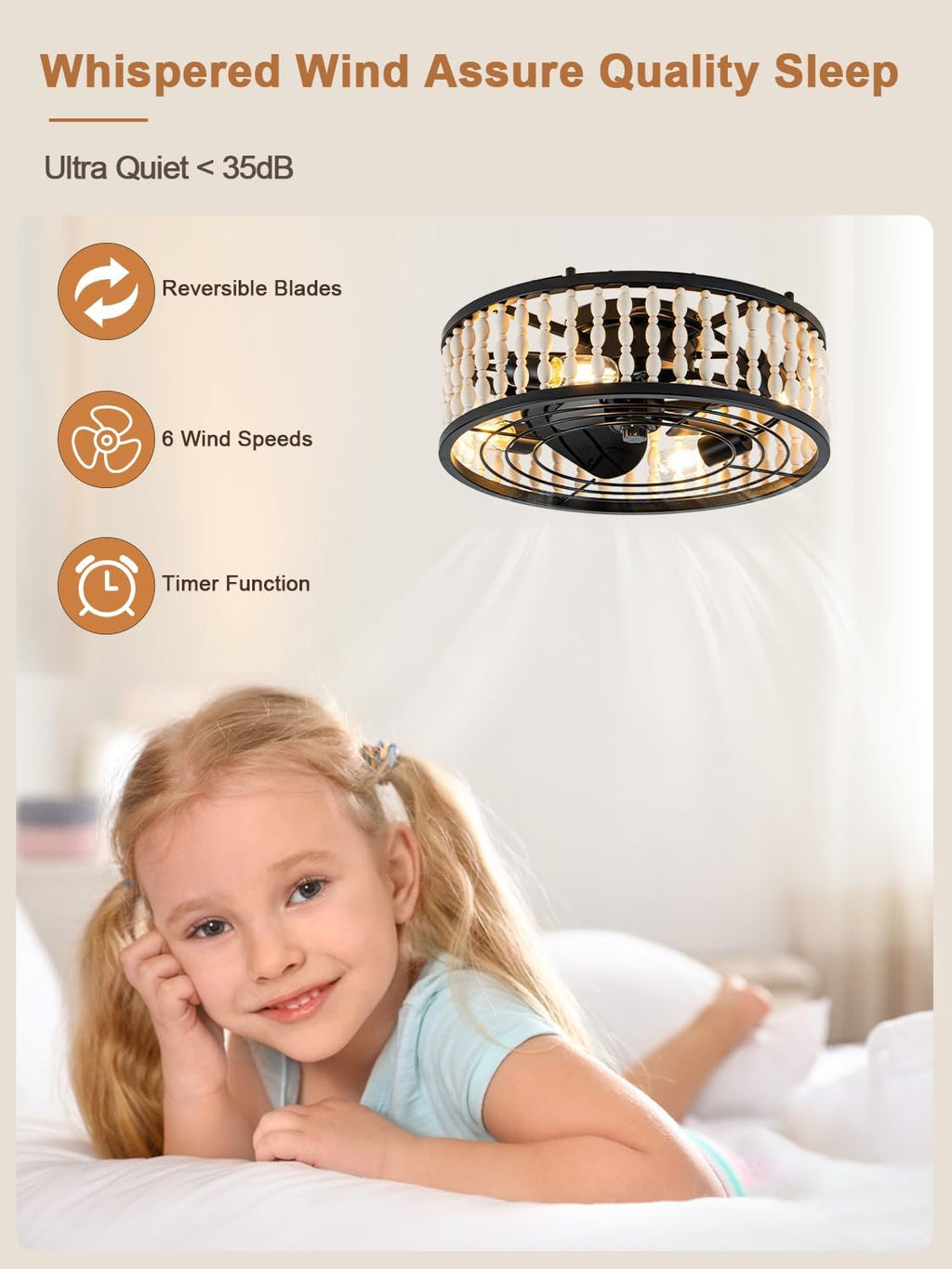 20' Boho Ceiling Fan with Light, Farmhouse Wood Beaded Ceiling Fanwith Remote, Flush Mount/Low Profile/6-Speed/Timer/3 CCT/Quiet DC Motor/Reversible