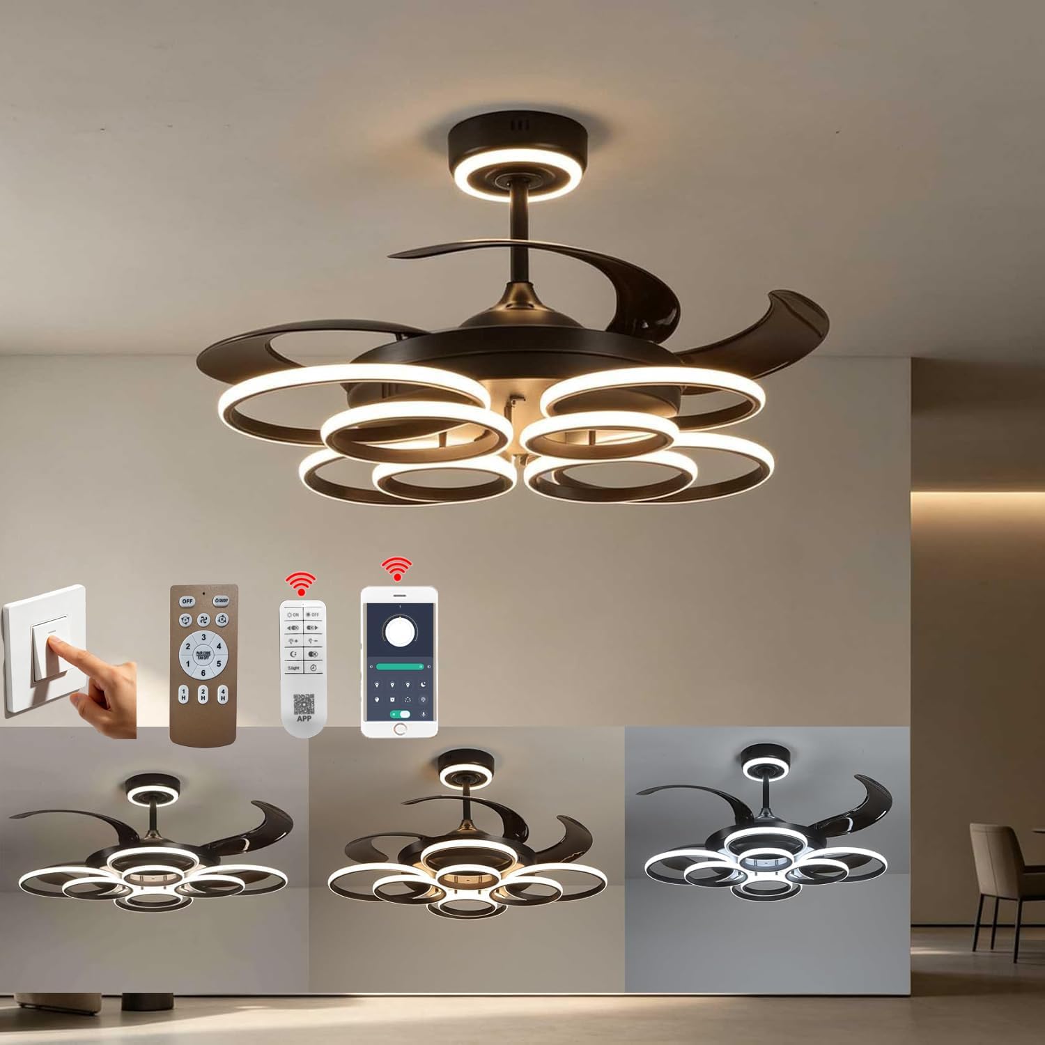 48' Retractable Ceiling Fan with Lights Modern Fandelier Fan Light with Remote Bladeless Fan Ceiling Light for Bedroom Living Room 6 Speed Black (Black RFL25009)