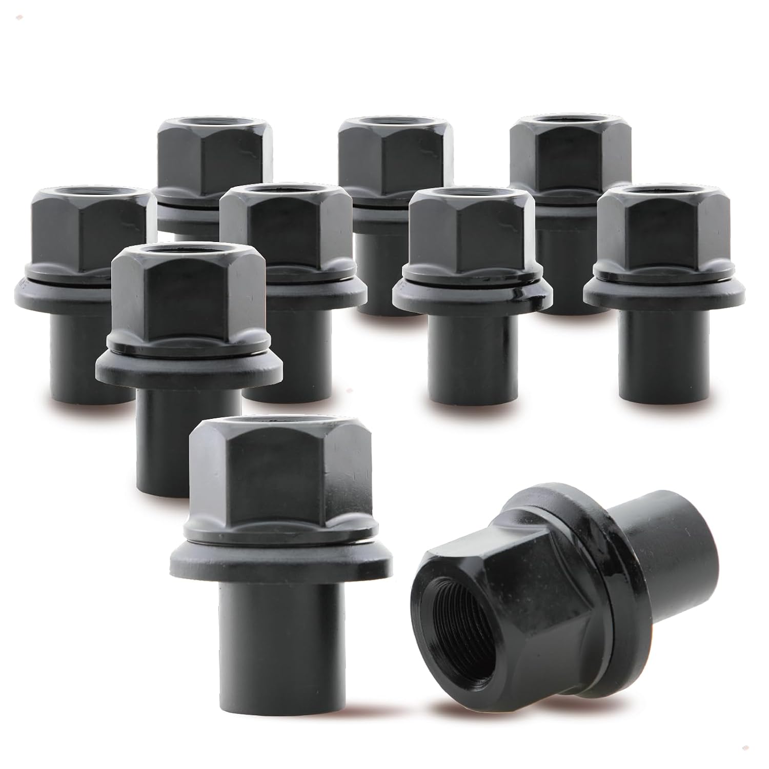 Two-Piece 28mm Sleeve Flanged Wheel Nuts 10PCS, M22x1.5 Hex:33mm Black for Heavy Duty Truck Semi Truck Fit Dual Alcoa Aluminum Wheels with Hub Piloted Seat & 26mm Bolt Hole Size
